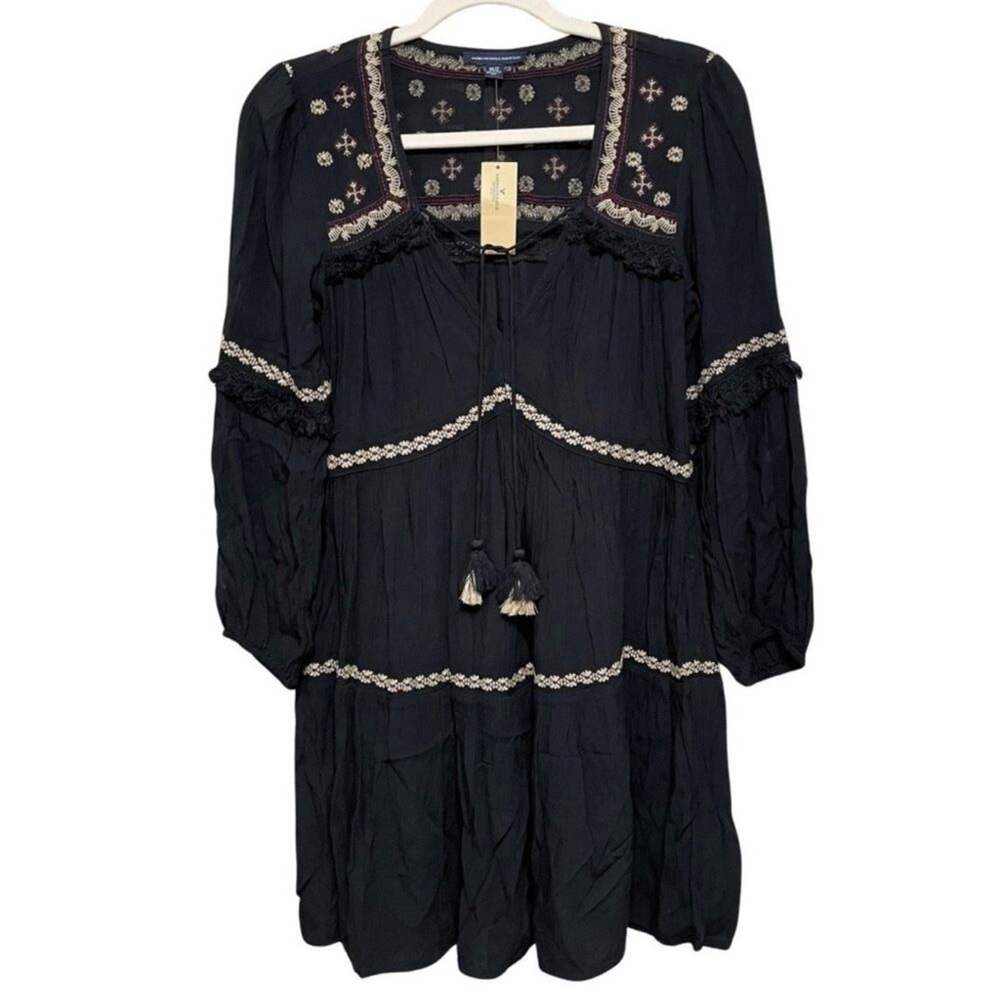 American Eagle Tiered Peasant Dress Size XS Black Embroidered Tassels Boho